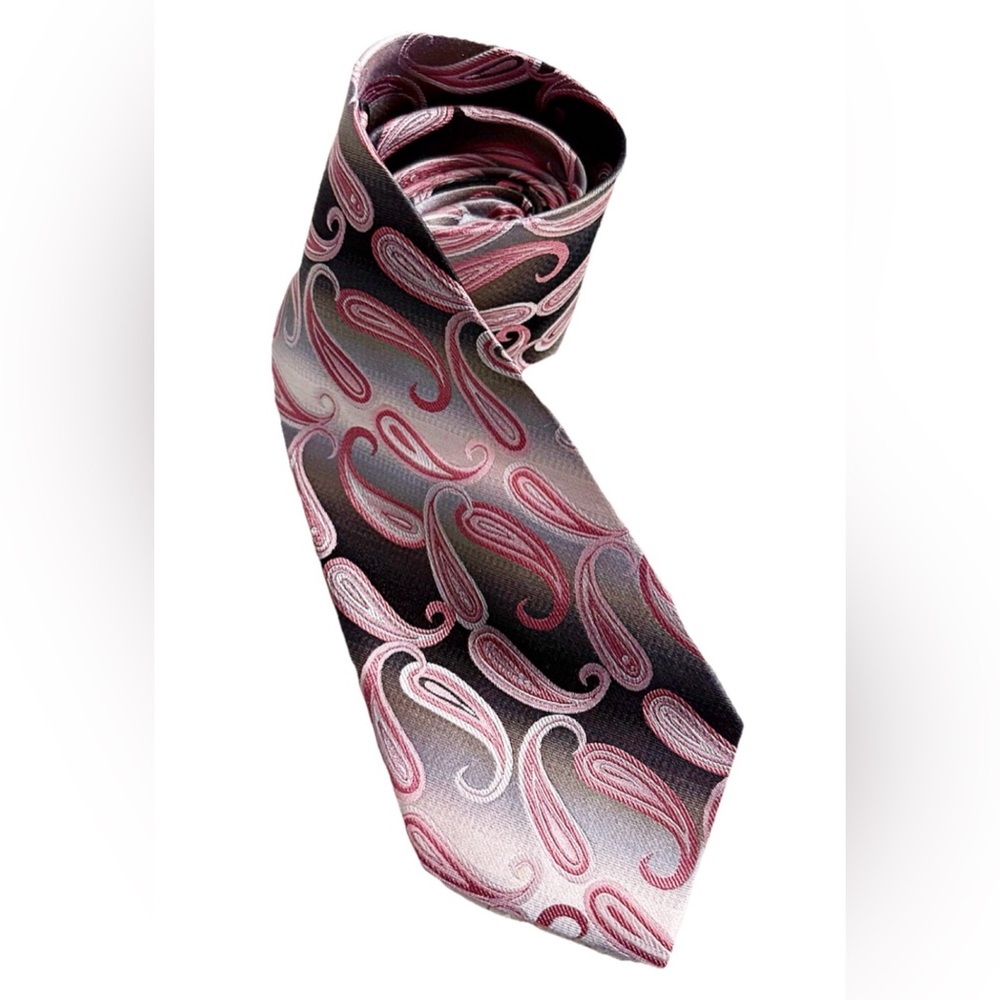 Pronto Uomo Silk Tie Pink Gray Paisley Made in USA Classic Width